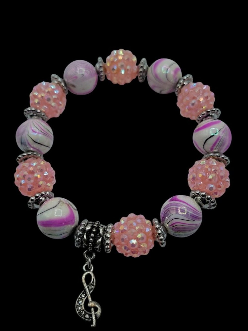 Pink & Purple w/Silver Tones Music Charm Bracelet Beautiful Beads with Sparkle
